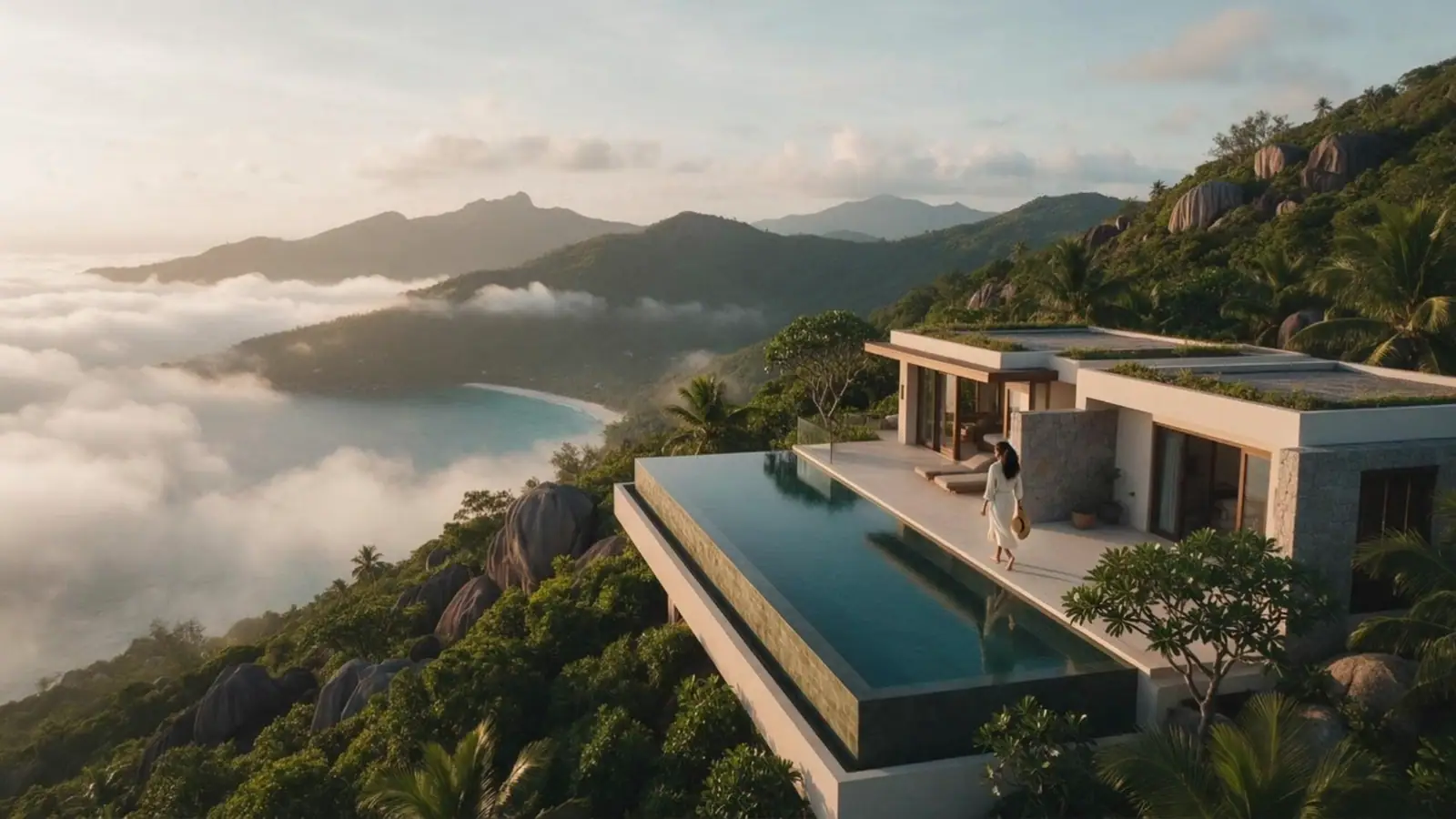 A hillside villa with a long infinity pool above a valley of cloud. A woman in an ivory linen dress walks along the terrace toward the open glass doors.