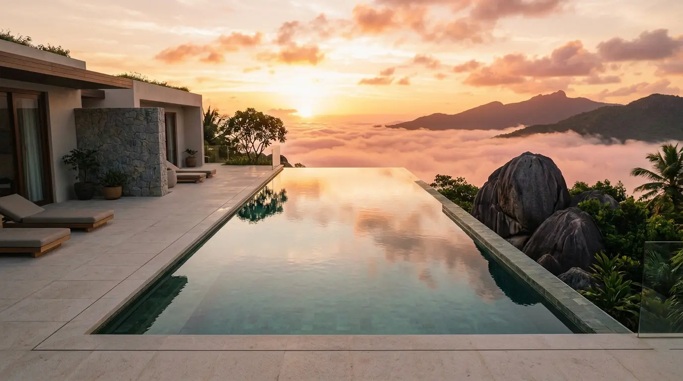 The infinity pool at sunset, the water mirroring an orange sky over a sea of pink cloud.